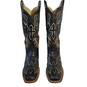 Corral Women's Black Wing & Cross Inlay Western Boots Sz 10M Square Toe Cowgirl